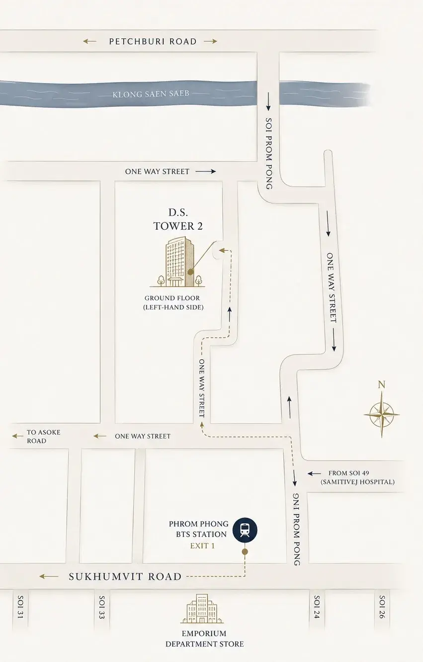 Illustrated location map showing TILA LEGAL’s Bangkok office at D.S. Tower 2 near Phrom Phong BTS Station